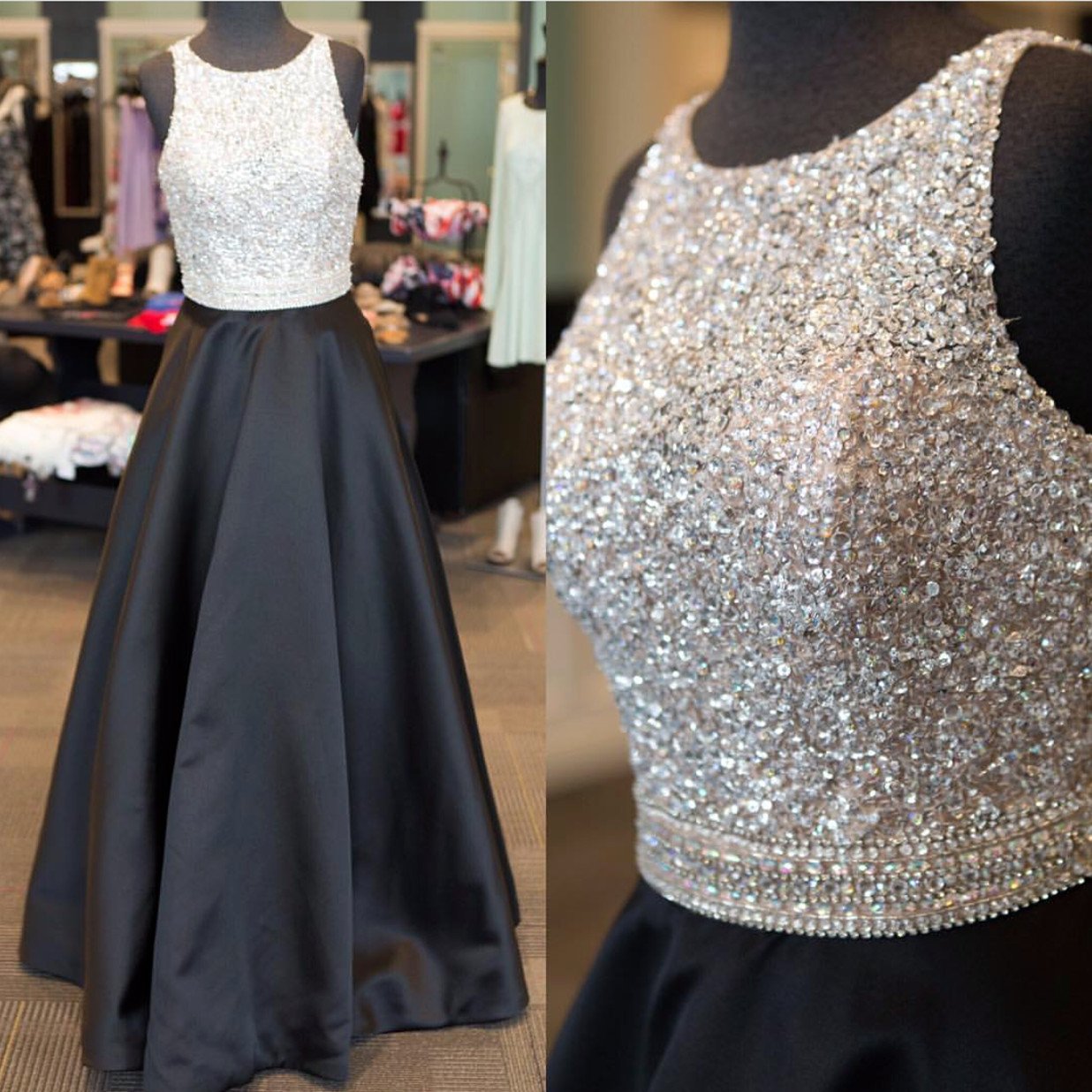 Jewelry Neck Sequins Beaded Long Satin Open Back Prom Dresses 2018