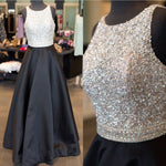 Load image into Gallery viewer, Jewelry Neck Sequins Beaded Long Satin Open Back Prom Dresses 2018
