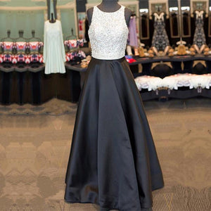 Jewelry Neck Sequins Beaded Long Satin Open Back Prom Dresses 2018