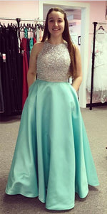 Load image into Gallery viewer, Jewelry Neck Sequins Beaded Long Satin Open Back Prom Dresses 2018
