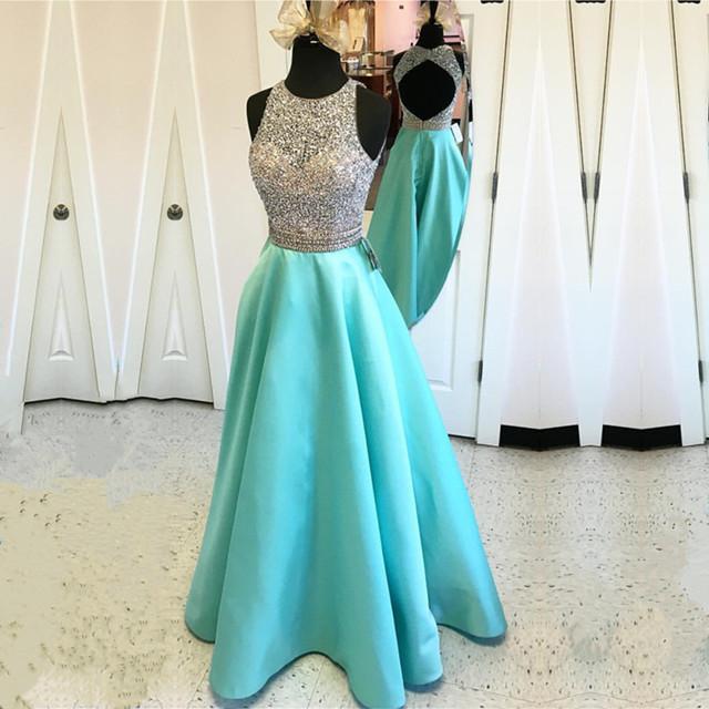 Jewelry Neck Sequins Beaded Long Satin Open Back Prom Dresses 2018