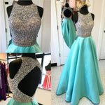 Load image into Gallery viewer, Jewelry Neck Sequins Beaded Long Satin Open Back Prom Dresses 2018
