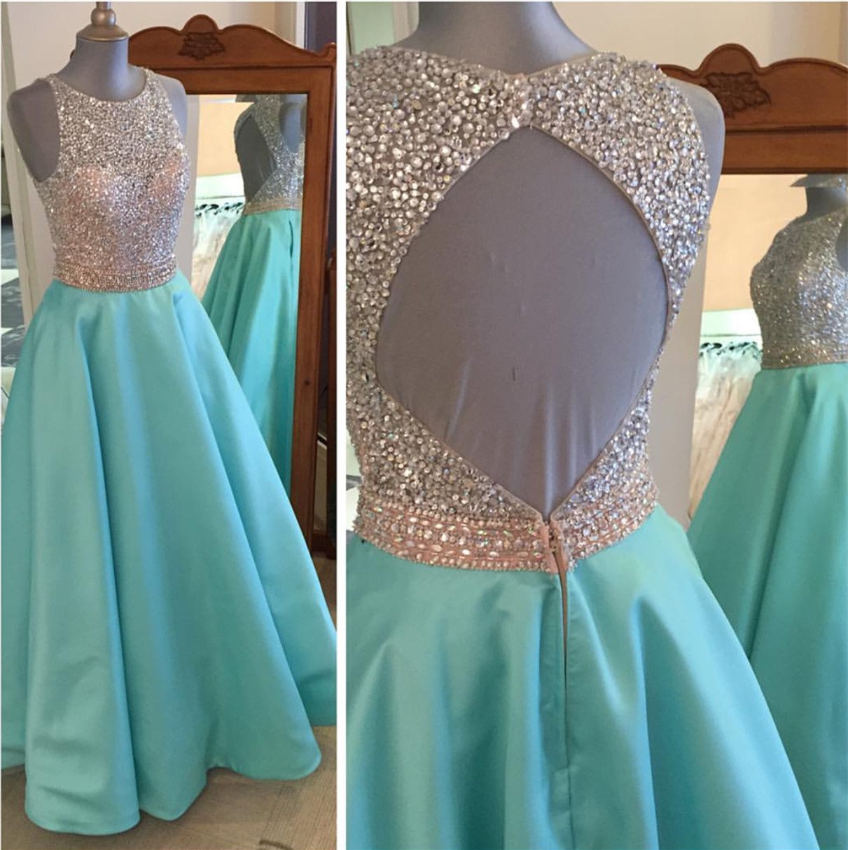 Jewelry Neck Sequins Beaded Long Satin Open Back Prom Dresses 2018