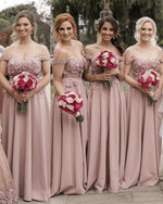 Load image into Gallery viewer, Pale-Pink-Bridesmaid-Dresses-Elegant-Off-Shoulder-Evening-Gowns
