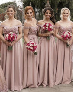 Cargar imagen en el visor de la galería, Pale-Pink-Bridesmaid-Dresses-Elegant-Off-Shoulder-Evening-Gowns
