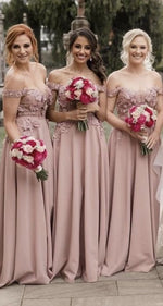 Cargar imagen en el visor de la galería, A-line Off Shoulder Lace Embroidery Bridesmaid Dresses Long
