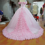 Load image into Gallery viewer, Pink Tulle Flower Wedding Dresses Ball Gowns With Off Shoulder
