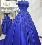 Load image into Gallery viewer, Off Shoulder Long Satin Evening Dresses Lace Embroidery
