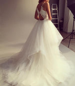 Load image into Gallery viewer, A Line V Neck Ruffles Tulle Princess Wedding Dresses Lace Appliques
