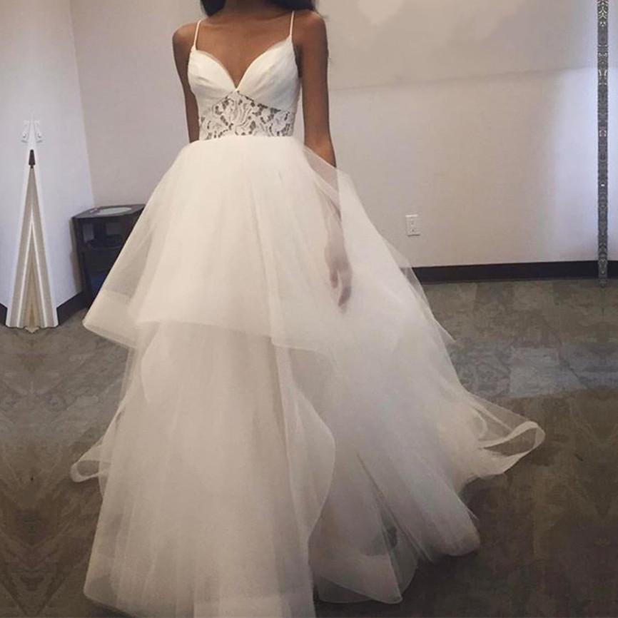 A Line V Neck Ruffles Tulle Princess Wedding Dresses Lace Appliques