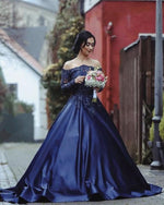 Load image into Gallery viewer, Lace Beaded Long Sleeves Ball Gowns Off Shoulder Wedding Dresses
