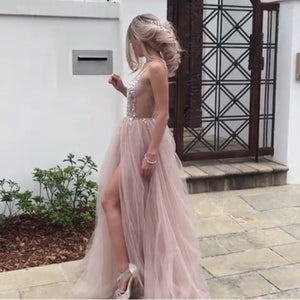 Luxurious Beaded V Neck Tulle Open Back Wedding Dresses For Engagement Party
