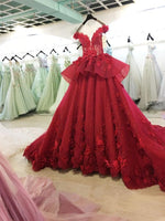 Load image into Gallery viewer, Burgundy Lace Ball Gowns Wedding Dresses With Nude Back
