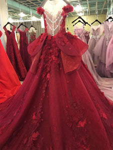 Burgundy Lace Ball Gowns Wedding Dresses With Nude Back