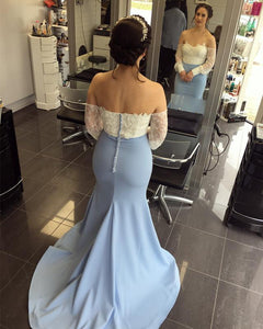 White Lace Long Sleeves Mermaid Evening Dress Off Shoulder Prom Dresses