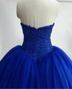 Load image into Gallery viewer, Strapless Royal Blue Tulle Ball Gowns Quinceanera Dress Lace Appliques Bodice Corset
