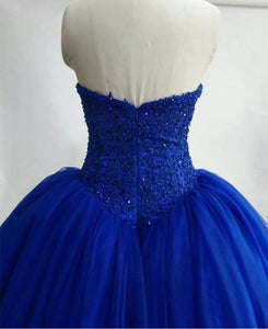 Strapless Royal Blue Tulle Ball Gowns Quinceanera Dress Lace Appliques Bodice Corset
