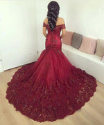 Load image into Gallery viewer, Burgundy Lace off-the-shoulder Evening Dresses Mermaid Prom Gowns
