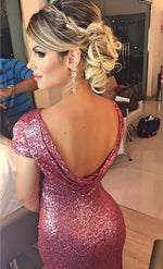 Load image into Gallery viewer, Long Sequin Cap Sleeves Draped Back Mermaid Bridesmaid Dresses
