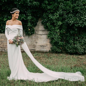 Stylish V-Neck Long Sleeves Wedding Dresses Satin Bridal Gowns Off The Shoulder