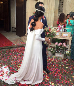 Stylish V-Neck Long Sleeves Wedding Dresses Satin Bridal Gowns Off The Shoulder