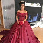 Load image into Gallery viewer, Burgundy Satin Off The Shoulder Wedding Dresses Ball Gowns With Lace Flowers
