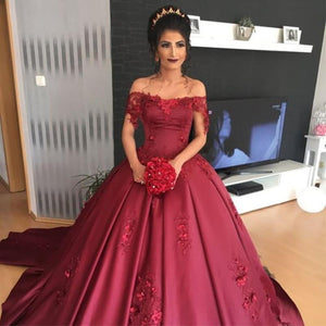 Burgundy Satin Off The Shoulder Wedding Dresses Ball Gowns With Lace Flowers