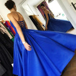 Load image into Gallery viewer, High Low Hem Style Satin Royal Blue Prom Dresses
