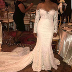 Load image into Gallery viewer, Skin Color Tulle Neck Long Sleeves Lace Mermaid Chapel Train Wedding Dresses
