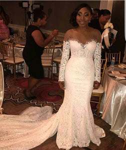 Skin Color Tulle Neck Long Sleeves Lace Mermaid Chapel Train Wedding Dresses