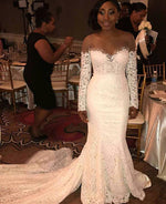 Load image into Gallery viewer, Skin Color Tulle Neck Long Sleeves Lace Mermaid Chapel Train Wedding Dresses
