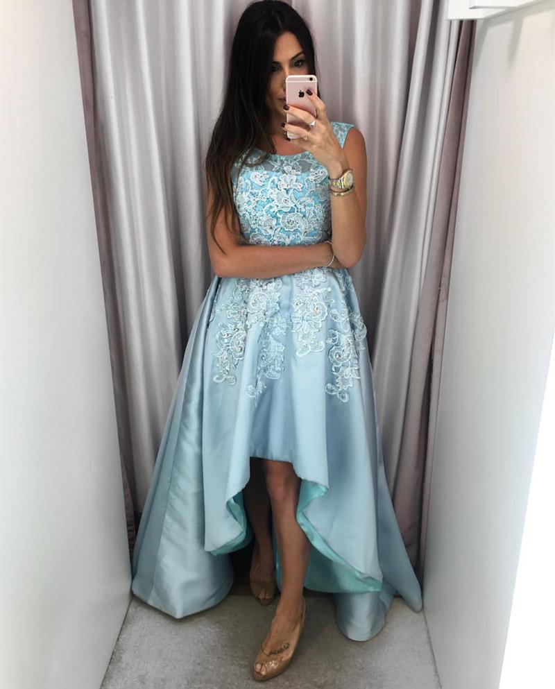 Amazing Lace Cap Sleeves Satin Prom Dresses Front Short Long In The Back