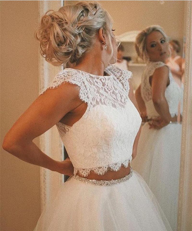 Elegant Lace Crop Tulle Beach Wedding Dresses Two Piece