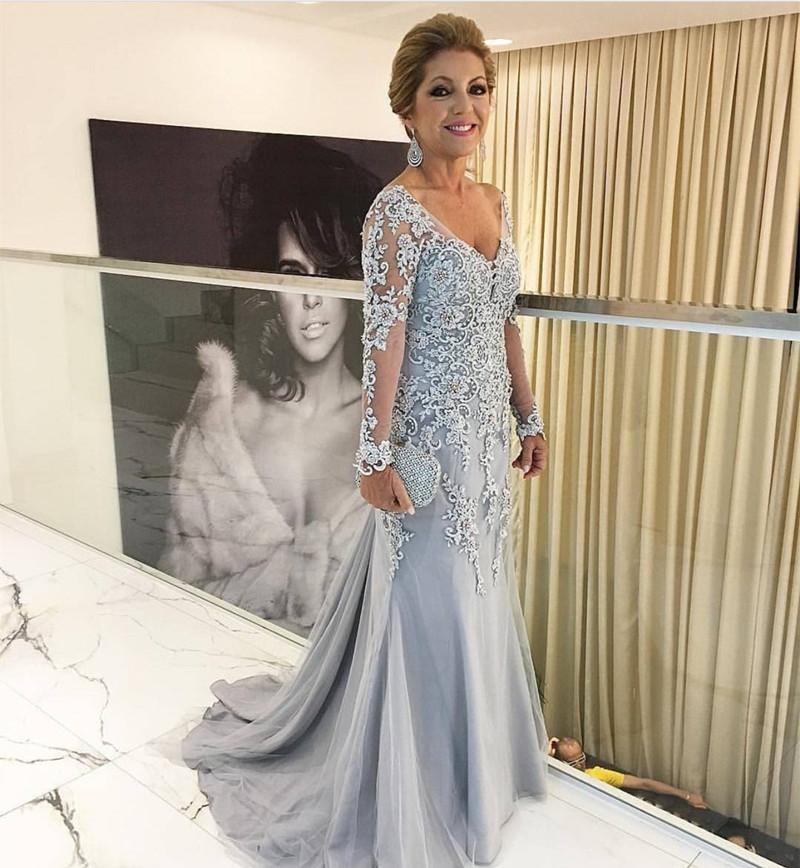 Silver Lace Appliques Long Sleeves Mermaid Evening Dresses For Mother Of The Bride