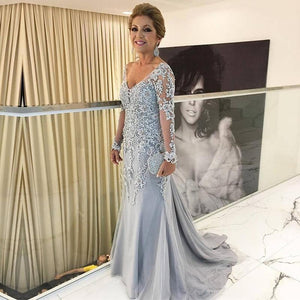 Silver Lace Appliques Long Sleeves Mermaid Evening Dresses For Mother Of The Bride