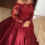 Load image into Gallery viewer, Burgundy Satin Lace Long Sleeves Wedding Dresses Ball Gowns
