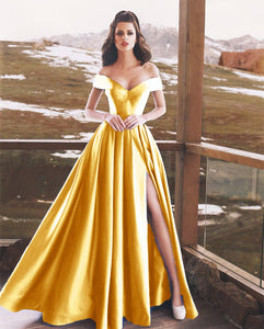 Charming Prom Long Dresses Off-Shoulder Satin Split Evening Gowns