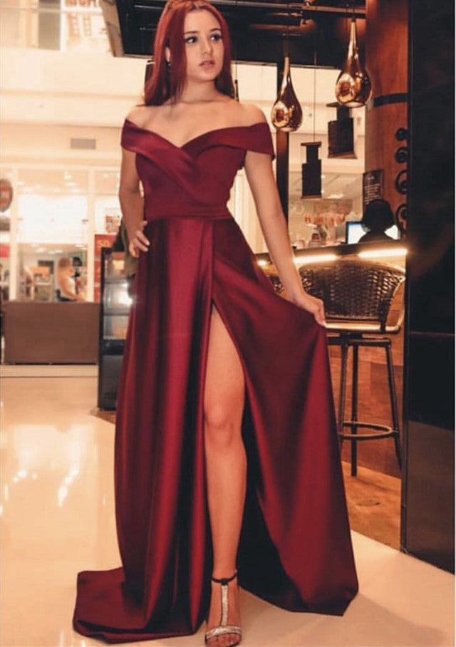 Long Dark Red Evening Dresses 2019 Prom Satin Gowns Leg Split