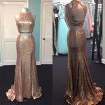 Load image into Gallery viewer, Rose Gold Sequin Two Piece Prom Dresses Mermaid Evening Gowns

