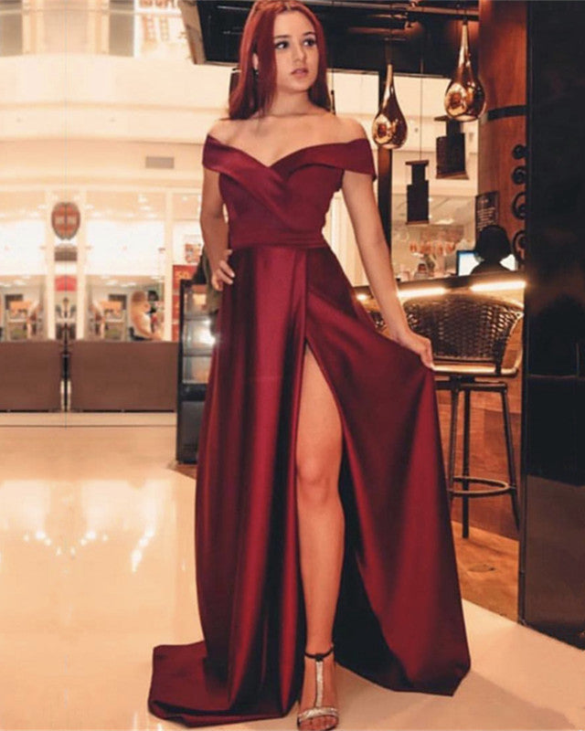 Long Dark Red Evening Dresses 2019 Prom Satin Gowns Leg Split