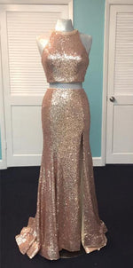 Load image into Gallery viewer, Rose Gold Sequin Two Piece Prom Dresses Mermaid Evening Gowns
