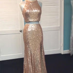 Load image into Gallery viewer, Rose Gold Sequin Two Piece Prom Dresses Mermaid Evening Gowns
