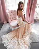Load image into Gallery viewer, Ivory Lace Appliques Champagne Tulle Backless Mermaid Wedding Dresses
