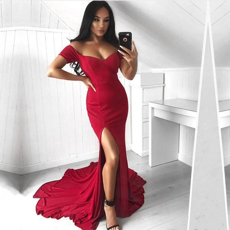 Off The Shoulder V-neck Long Jersey Mermaid Prom Dresses 2018