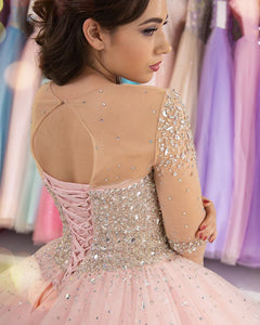 Sheer Long Sleeves Crystal Beaded Bodice Tulle Ball Gowns Quinceanera Dresses