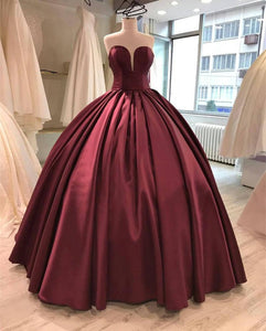 Burgundy Satin Sweetheart Prom Dresses Ball Gowns