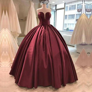 Burgundy Satin Sweetheart Prom Dresses Ball Gowns
