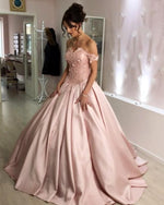 Load image into Gallery viewer, Lace Flowers Sweetheart Off The Shoulder Ball Gowns Wedding Dresses Satin
