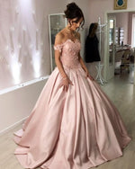 Load image into Gallery viewer, Lace Flowers Sweetheart Off The Shoulder Ball Gowns Wedding Dresses Satin

