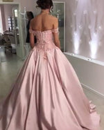 Load image into Gallery viewer, Lace Flowers Sweetheart Off The Shoulder Ball Gowns Wedding Dresses Satin

